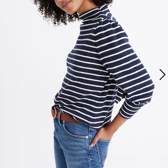 New Madewell Gathered-Sleeve Mockneck Top in sweater stripes blue white large L - Picture 2 of 12